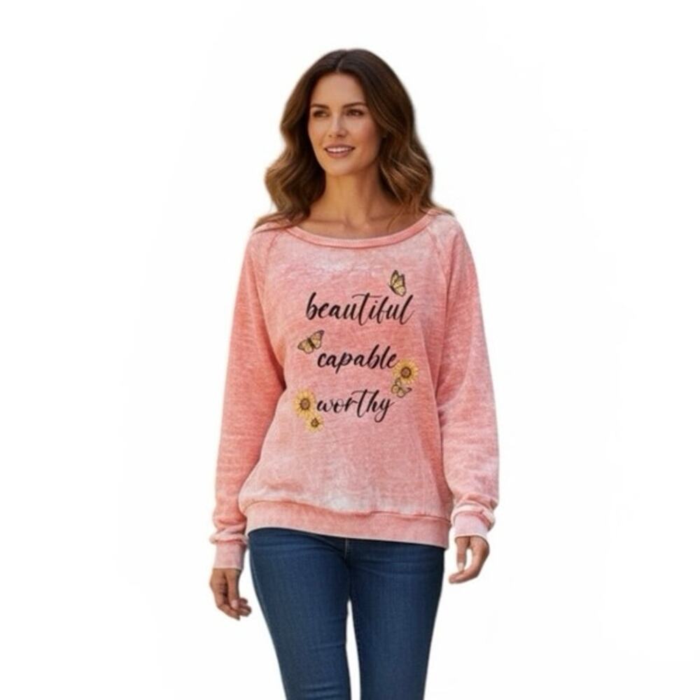 Pretty Rebel Medium Pink Lightweight Sweatshirt Beautiful Capable Worthy Flowers